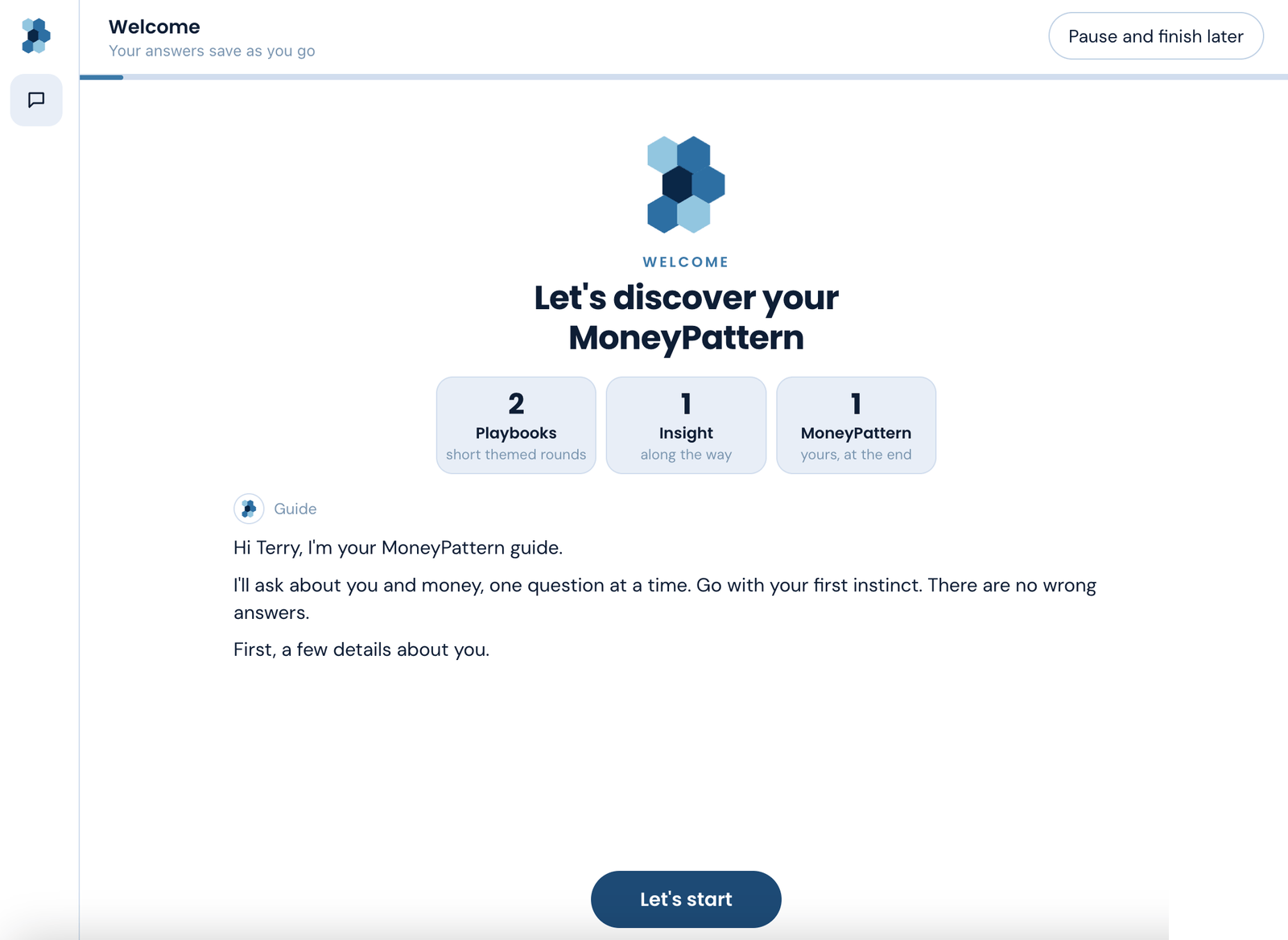 MoneyMind onboarding welcome screen — Let's discover your MoneyPattern, with a short guided intro and a Let's start button